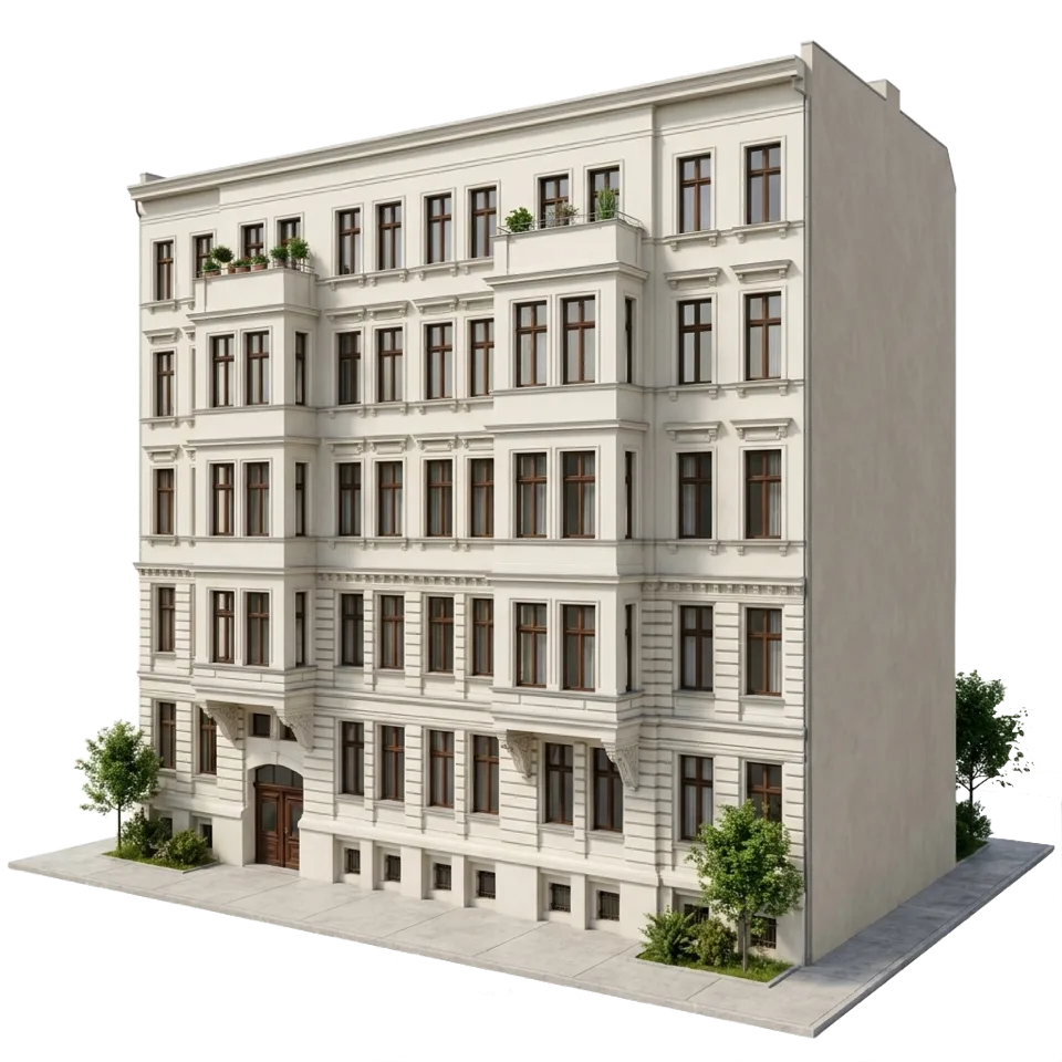 3D-Modell eines Mehrfamilienhauses mit den laufenden Anliegen der Verwaltung