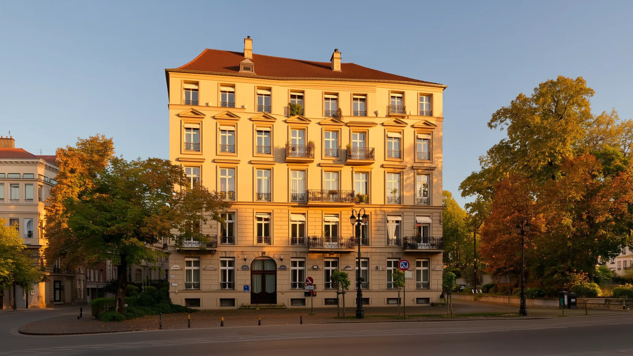 Klassisches Altbau-Wohngebäude in warmem Abendlicht